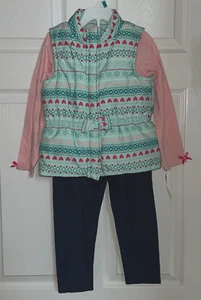 Wonder Kids 3-Piece Set Pink Top Teal Vest with Hearts & Blue Leggings 5T NWT - Picture 1 of 2