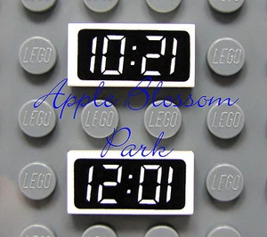 NEW 2 Lego Minifig Kitchen CLOCK 1x2 Black/White PRINTED TILE 10:21 12:01 Time - Picture 1 of 3