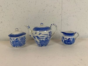 Juego de té miniatura de 3 piezas antiguo de colección con patrón de sauce azul probable Copeland Spode - Imagen 1 de 15