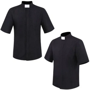 Men's Priest Clergy Pastor Minister Preacher Tab Collar Shirt Coat Short Sleeves - Picture 1 of 20