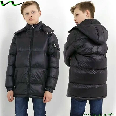 NEW BOYS SHINY BLACK COAT KIDS BACK TO SCHOOL HOODED PARKA JACKET WINTER WARM SI - Image 1 of 4