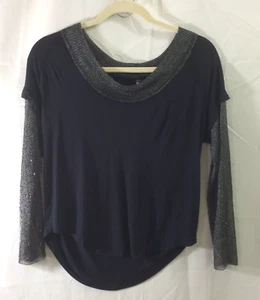 Free People Top Elasticizzato Colletto Metallizzato Maniche Nero Argento Pullover Taglia Med - Foto 1 di 4