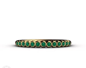 14K Solid Gold Round Emerald Band Handmade Eternity Lab Created Dainty Ring - Picture 1 of 17