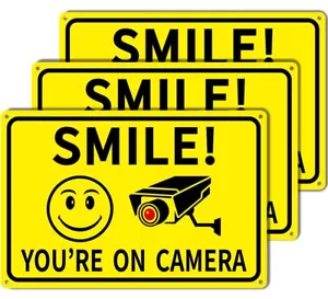 3er Pack Smile You're On Camera Schild Videoüberwachung Rostfrei Aluminiumschild - Bild 1 von 8