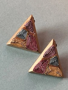 Vintage Large Gold Painted Wood Triangle w Wound Pink Yellow Purple Blue Geometr - Picture 1 of 7
