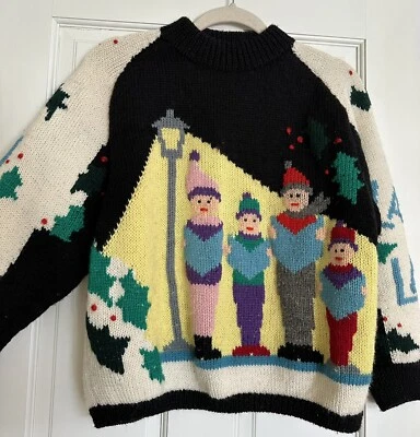 vintage 1988 BEREK by Marta D HANDKNIT Christmas SWEATER Carolers WOOL Ugly? - Image 1 of 4