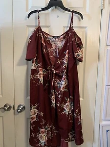 Yoins Red Burgundy Short Sleeve Straps Tie Front Sundress Floral Plus Size 2XL - Picture 1 of 3
