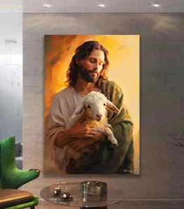 Spiritual Jesus & Lamb Art Religious Painting Wall Art Canvas Unframed Print Art - Picture 1 of 2