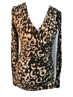 JENNIFER LOPEZ Wrap Style Blouse Long Sleeve Brown/Tan Print Stretch Size S 1022 - Image 1 of 4