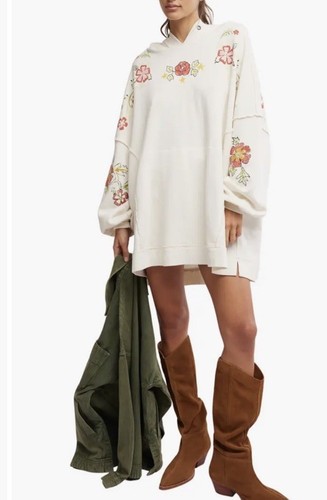 OFF WHITE Free People Mini Abito Floreale Oversize Cotone Grafica Felpa con Cappuccio Avorio Piccolo Nouveau