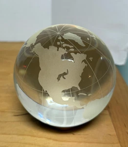 Etched Art Glass Clear World Globe Paperweight - 4" - Picture 1 of 3