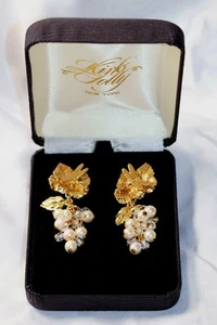 Vintage KIRKS FOLLY Gold Tone Dragonfly Grape Cluster Pierced Earrings - Picture 1 of 5