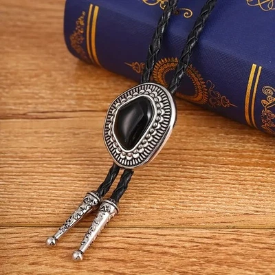 Натуральный черный агат Bolo галстук мужской свадебное ожерелье Western ковбой винтажный подарок - Изображение 1 из 4