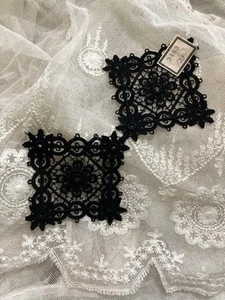 Antique Pair of French Black SilK Tulle Lace Work Appliques - Picture 1 of 9