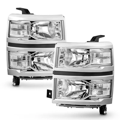 Pair Headlights For 2014-2015 Chevy Silverado 1500 Chrome Clear Headlamps LH+RH - Image 1 of 4