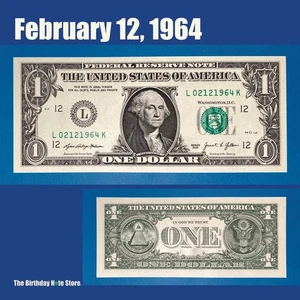 February 12, 1964 Birthday Anniversary $1 One Dollar Bill Serial Number 02121964 - Picture 1 of 2