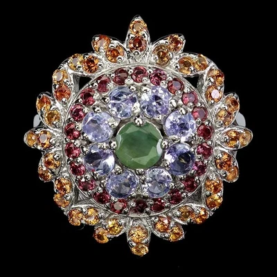 Anel redondo de prata esterlina 925 com esmeralda, safira e tanzanita... - Imagem 1 de 4