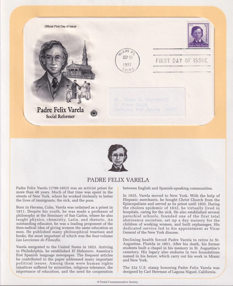 1997 Padre Felix Varela activist priest 32c Sc 3166 FDC on PCS cachet info page - Image 1 of 1