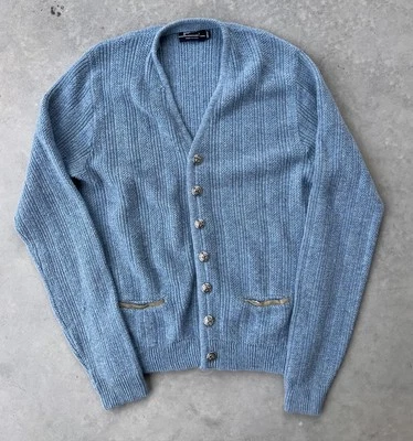 Cardigã Puritano Vintage Médio Longo Azul Malha Suéter de Lã Acabamento em Couro - Imagem 1 de 4