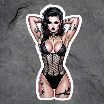 BUMBLEBEE APPAREL Pinup girl bikini sticker vinyl decal tattooed sexy cleavage busty sexy model