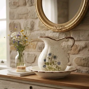 VINTAGE Raj Japan gesprenkelter Krug & Waschbecken Set blau Blumen brauner Rand - Bild 1 von 13