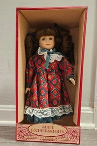 Soft Expressions Collectors Porcelain Doll - Red Green Country Dress - Picture 1 of 4