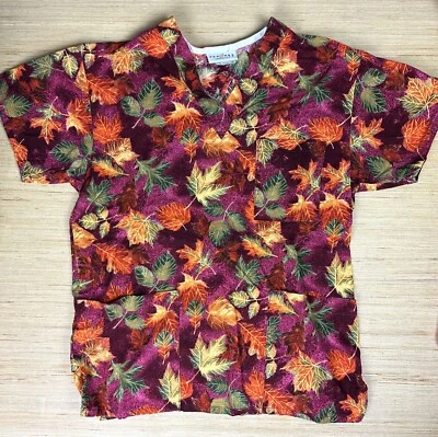 Peaches Uniforms Women's Fall Leaves Nurse Medical Scrub Top XS Pockets 0154 - Image 1 of 4