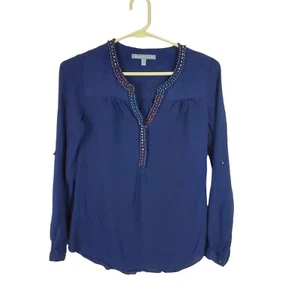 Daniel Rainn Top Womens PXS Blue Beaded Trim Long Rolltab Sleeve BOHO - Picture 1 of 11