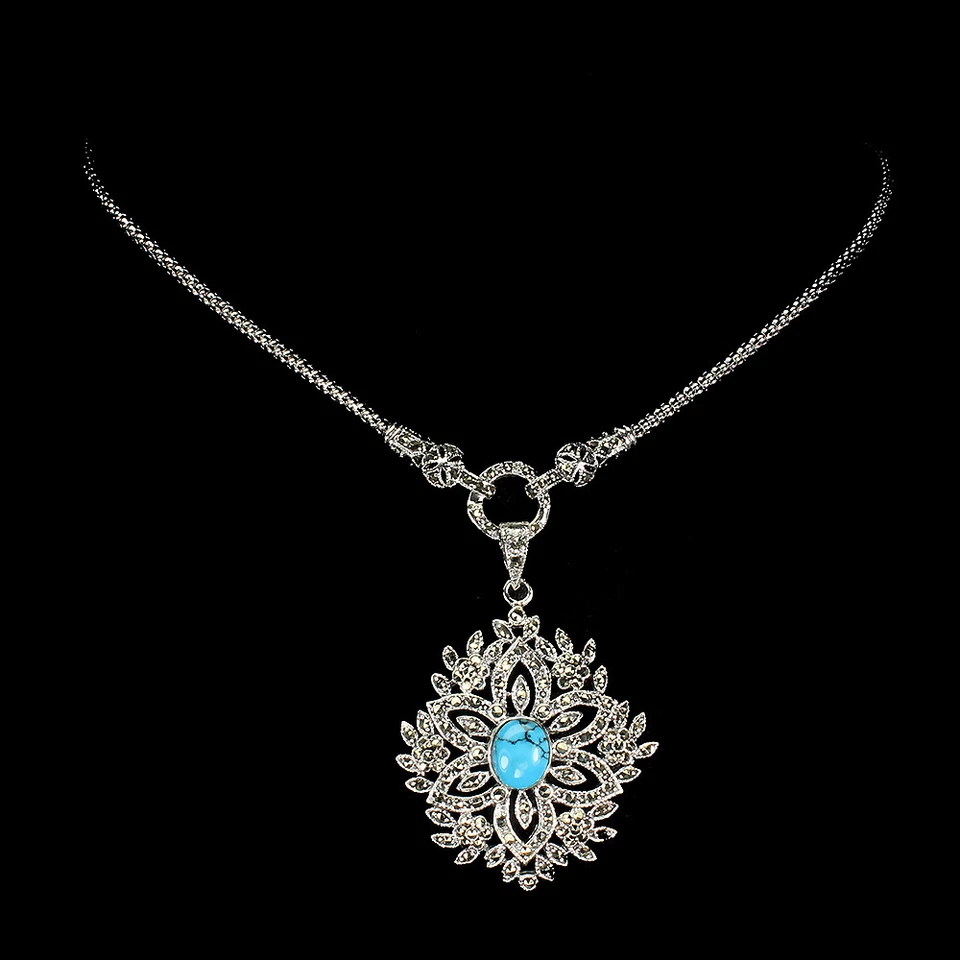 Collar de plata de ley 925 con piedras preciosas de marcasita estalibizadas turquesa ovalada Foto 1 de 4