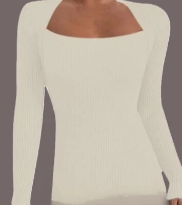 Ограниченный кремовый белый свитер треугольник декольте эластичной ребристый вязаный топ siz M - Изображение 1 из 4