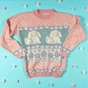 Vtg 80s Rose Pastel Sparkle Dogs Hearts Poodles Kawaii Fairy Kei Knit Sweater - Picture 1 of 10