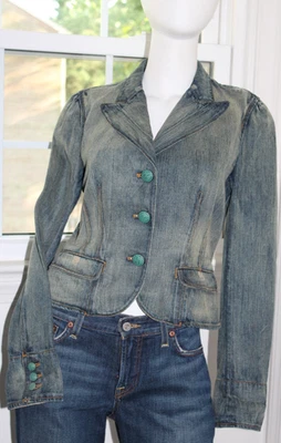 VTG RALPH LAUREN Denim Jacket Blue Label Collection Distress Peplum Tailored S 8 - Image 1 of 4