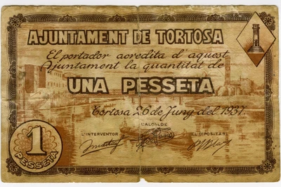 # SPAIN CIVIL WAR 1937 • TORTOSA 1 PTA MUNICIPAL ☆ GUERRA CIVIL ESPAÑOLA  ☆D1721 - Image 1 of 2