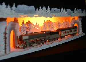 3D-Schwibbogen-Erhöhung Bank Eisenbahn im Winter Lok Dampflok Zug Erzgebirge - Bild 1 von 3