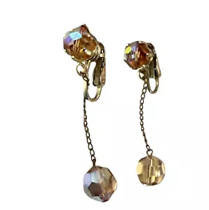 VTG Aurora Borealis Rhinestone Drop Dangle Cognac Gold Long Clip On Earrings 2” - Picture 1 of 9
