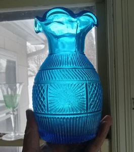 PRETTY BLUE PONTILED REPRO 3 MOLD BLOWN SUNBURST DECANTER VASE CLEVENGER BROS - Picture 1 of 10