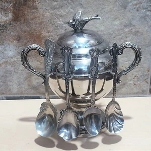 Towle Silver Smith Silverplate Sugar Bowl Spooner Spoons Bird Finial Lid - Picture 1 of 18