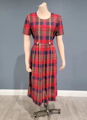 Vintage MISS DORBY red green plaid linen blend tie back midi dress 6/8 - Image 1 of 4