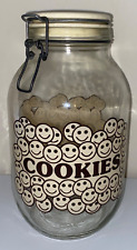 Vintage Smiley Face Cookie Jar Happy Cookies Mason Jar Ceramic Lid Clear 10.5”