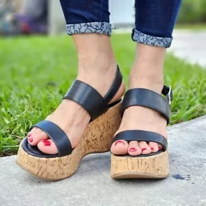 Women's High Platform Ankle Strap Wedge Black Color - Picture 1 of 5