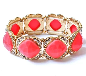 Bohemian Rhinestone PEACH Jewel Pattern Vintage Inspired BOHO Stretch Bracelet - Picture 1 of 11