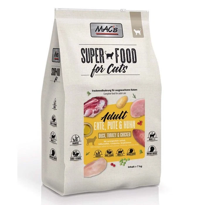 Mac´s Superfood Ente Pute Huhn 7kg getreidefrei Trockenfutter Katze (8,41€/1kg) - Bild 1 von 1