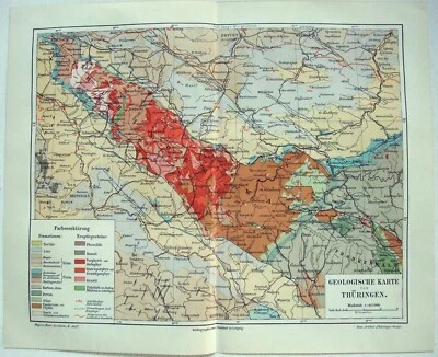 Original 1908 Geological Map of Thuringia, Germany by Meyers. - Image 1 of 3