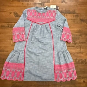 Blu & Blue Denim Dress size XL/12 pink embroidered flowers scalloped NWT $82 - Picture 1 of 6