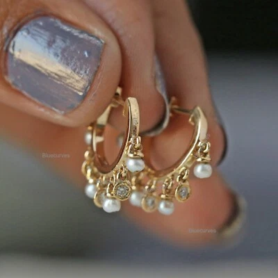 Pearl & Diamond Drop Huggies Hoops Earring In 14K Yellow Gold Minimalist Jewelry - Image 1 of 4