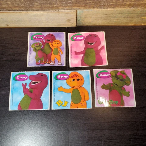 BARNEY 5 Sticker Lot 2.5 Inch Square BJ Baby Bop SmileMakers Vintage Rare Cover
