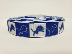 Detroit Lions, Blue & White Logo Squares, Grosgrain Ribbon 7/8" By the yard NEW - Picture 1 of 1