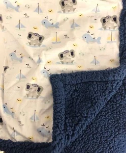 Petite L'Amour NAUTICAL Baby Blanket Elephant Whale Sailboat Blue Sherpa J4 - Picture 1 of 2