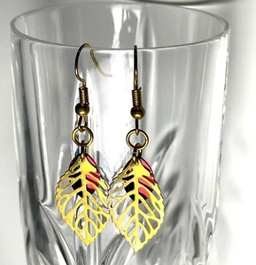 Handmade Autumn Fall Red and Gold Plated Leaf Dangle Earrings Hand crafted - Picture 1 of 3