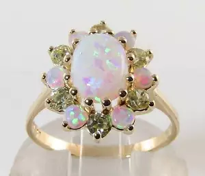 Large 9K 9CT GOLD OPAL PERIDOT CLUSTER ART DECO INS RING FREE RESIZE - Picture 1 of 6
